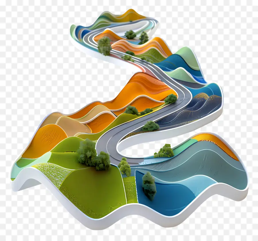 Strada tortuosa 3D Art Landscape Road Rolling Hills - 3d Road attraverso un paesaggio colorato e naturale. 
Fauna selvatica interconnessa