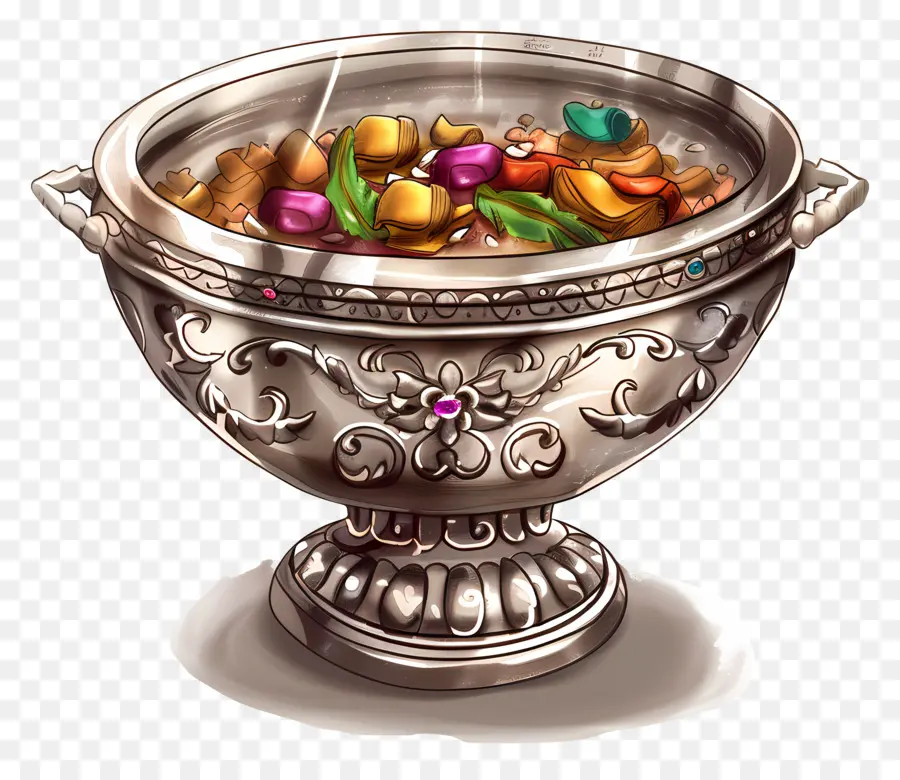 Dhaniya panjiri ciotola d'argento frutta verdure noci - Ciotola argentata lucida piena di cibo colorato