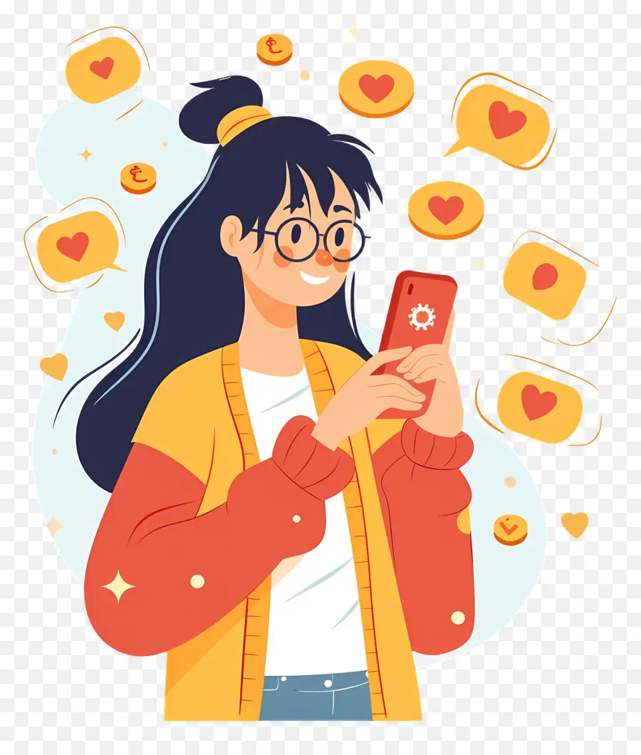 social media - Donna dei cartoni animati che prende selfie con cuori, social media