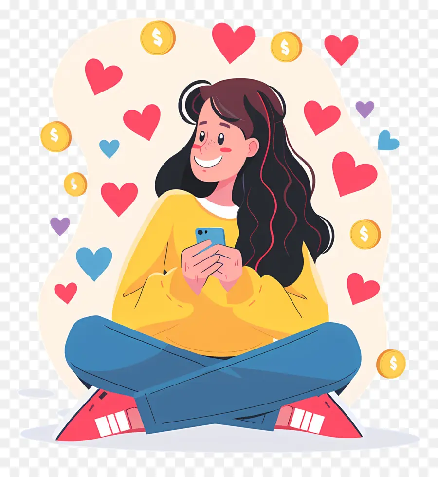 Social Media - Junge Frau im gelben Pullover lächelt am Telefon, Münzen, die im Innenraum verstreut sind