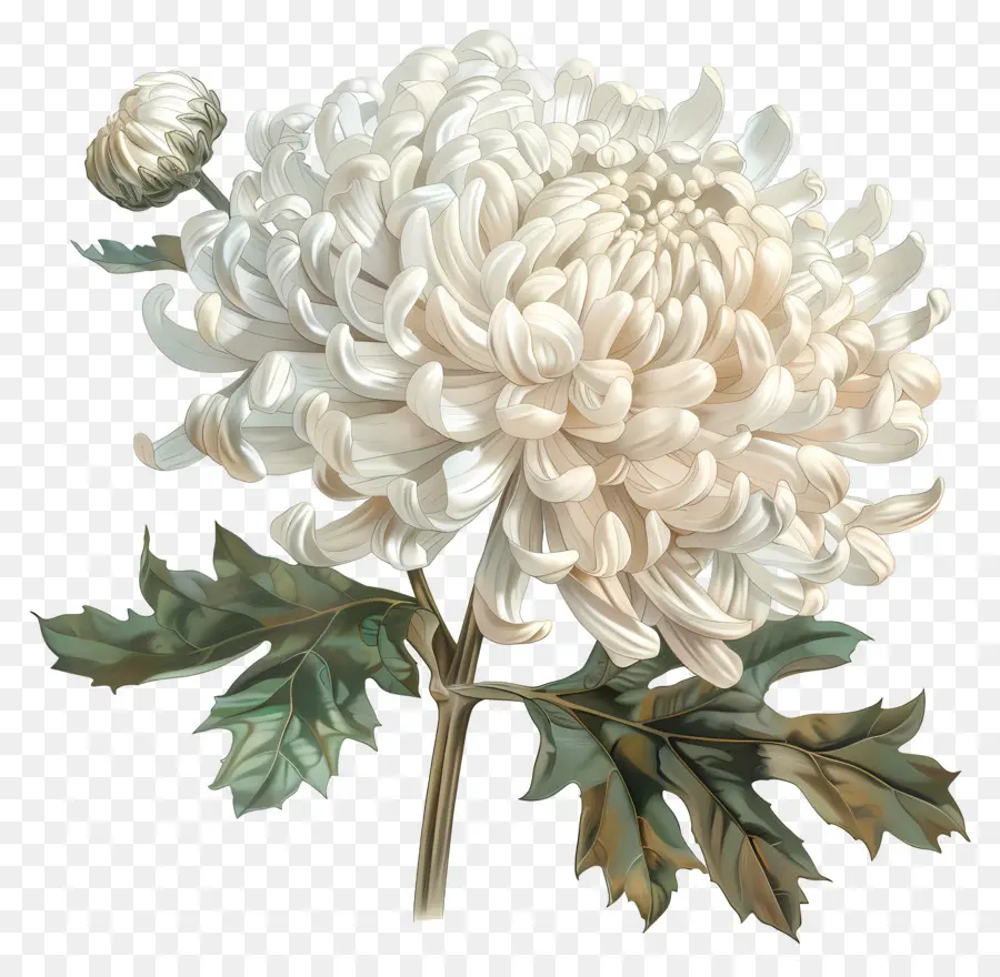 Weißer Chrysanthemen weißer Chrysanthemen -Kräuter -Stieg Gattung Chrysantheme - Weiße Chrysanthemenblume mit grünen Blättern
