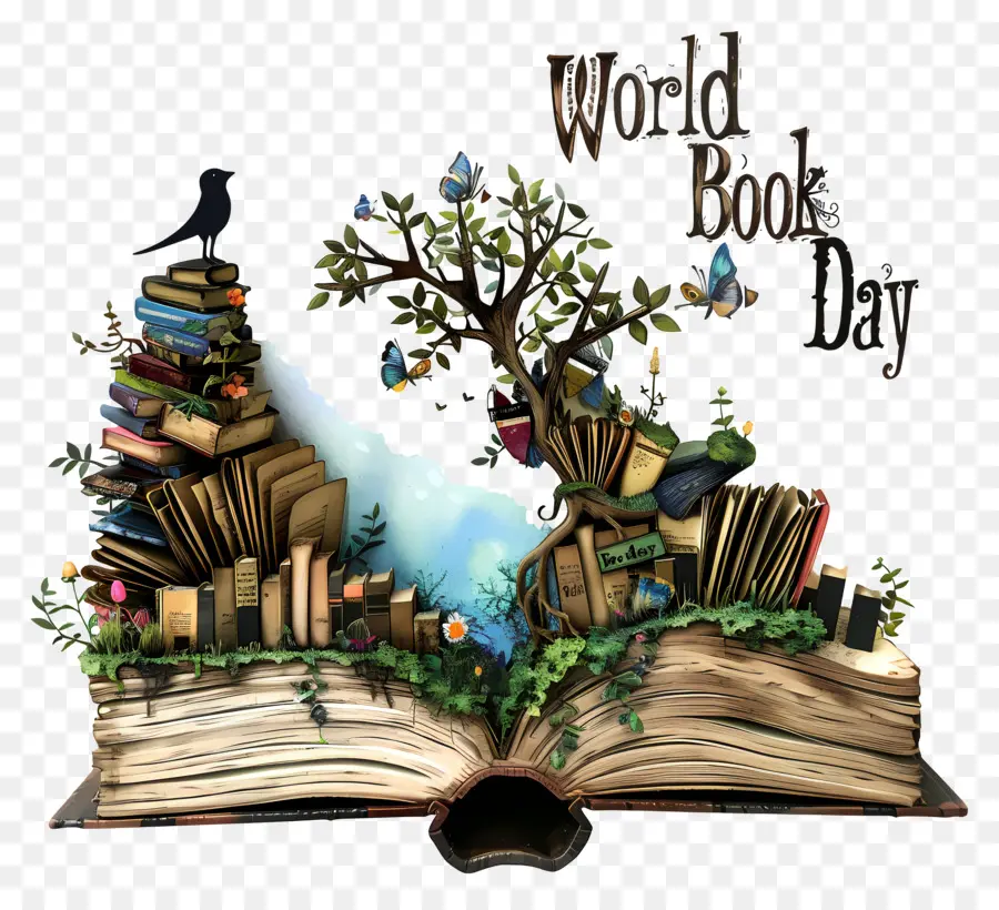giornata mondiale del libro - Libro, albero, uccelli, penna, design creativo, apprendimento