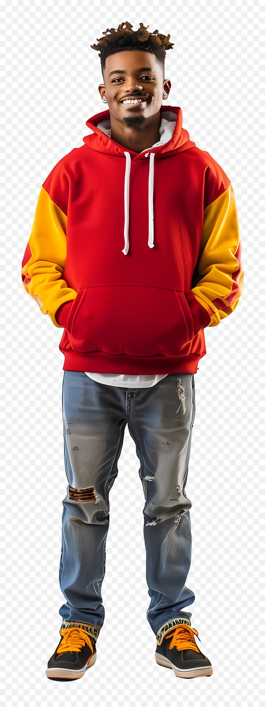 Glücklicher schwarzer Mann rot und gelb Kapuze -Sweatshirt -Jeans -Sneaker Mann mit Dreadlocks - Mann im roten und gelben Hoodie lächelte