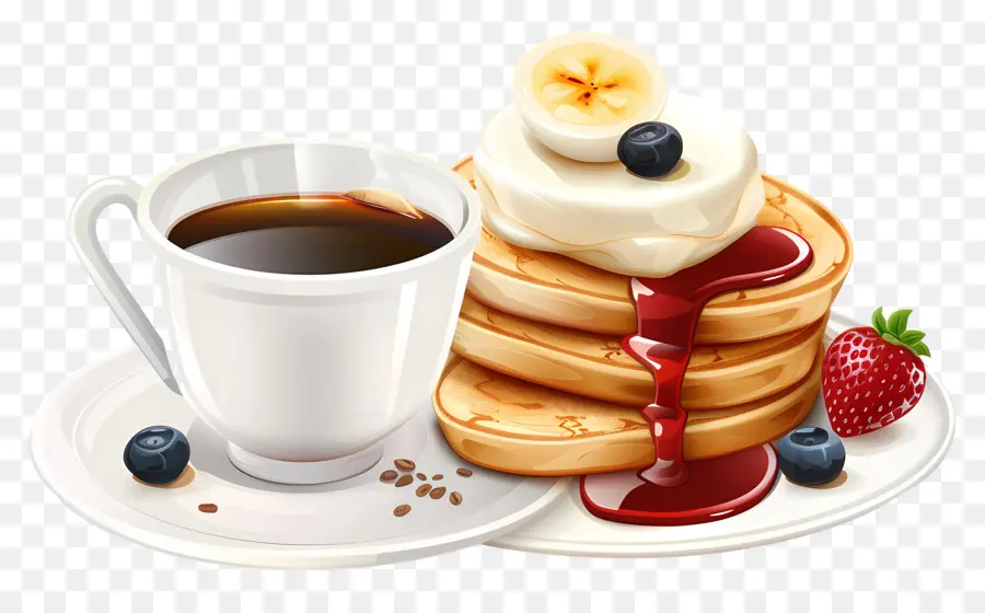 Kaffee - Teller mit Pfannkuchen mit Obst, Kaffee