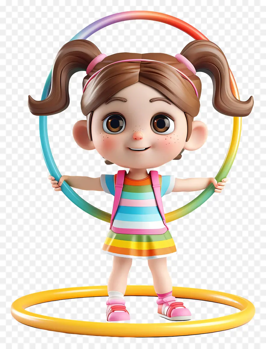 bambina che gioca a rendering 3d ragazza hula hoop lunghi capelli lunghi - Ragazza felice con hula hoop in 3d