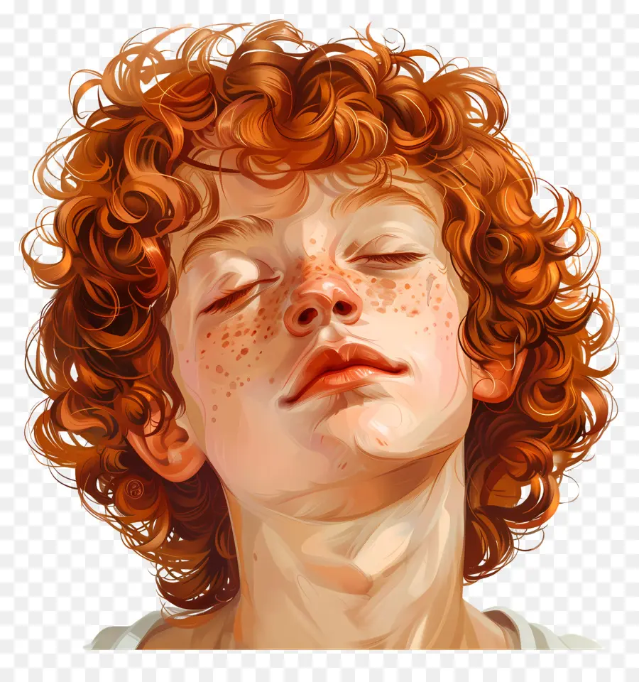 sfondo bianco - Giovane ragazza con capelli rossi ricci che dormono