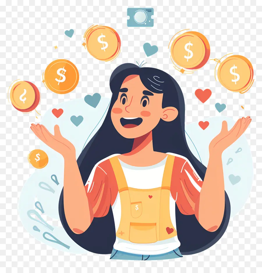 xã hội - Người phụ nữ trẻ với tiền, trái tim, ngôi sao, mây. 
Vui vẻ
