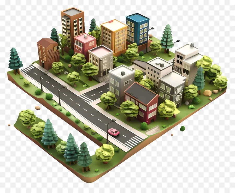 Street Road Small Village hohe Gebäude Grüne Feld Umwelteffekte - 3D -Kleinstadtillustration mit natürlicher Umgebung