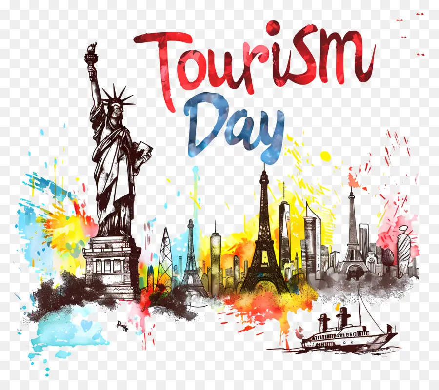 statua della libertà - Paesaggio urbano colorato con famosi punti di riferimento per il giorno del turismo