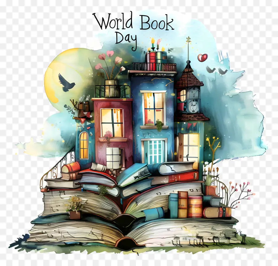 Welttag des Buches - Fantasy -Szene von Büchern, Mond, Häusern, Charakteren