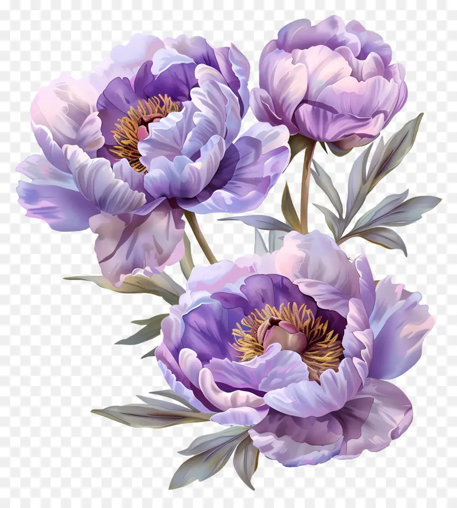 Pfingstrosen lila lila Pfingstrosen Blumen Blumenarrangement Botanisch - Drei lila Pfingstrosen auf schwarzem Hintergrund