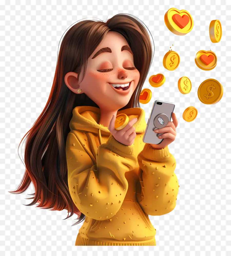 Social Media - Mädchen lächelt am Telefon in gelben Pullover