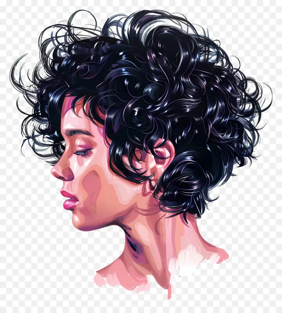 short curly hair style woman curly hair eyes closed serious expression