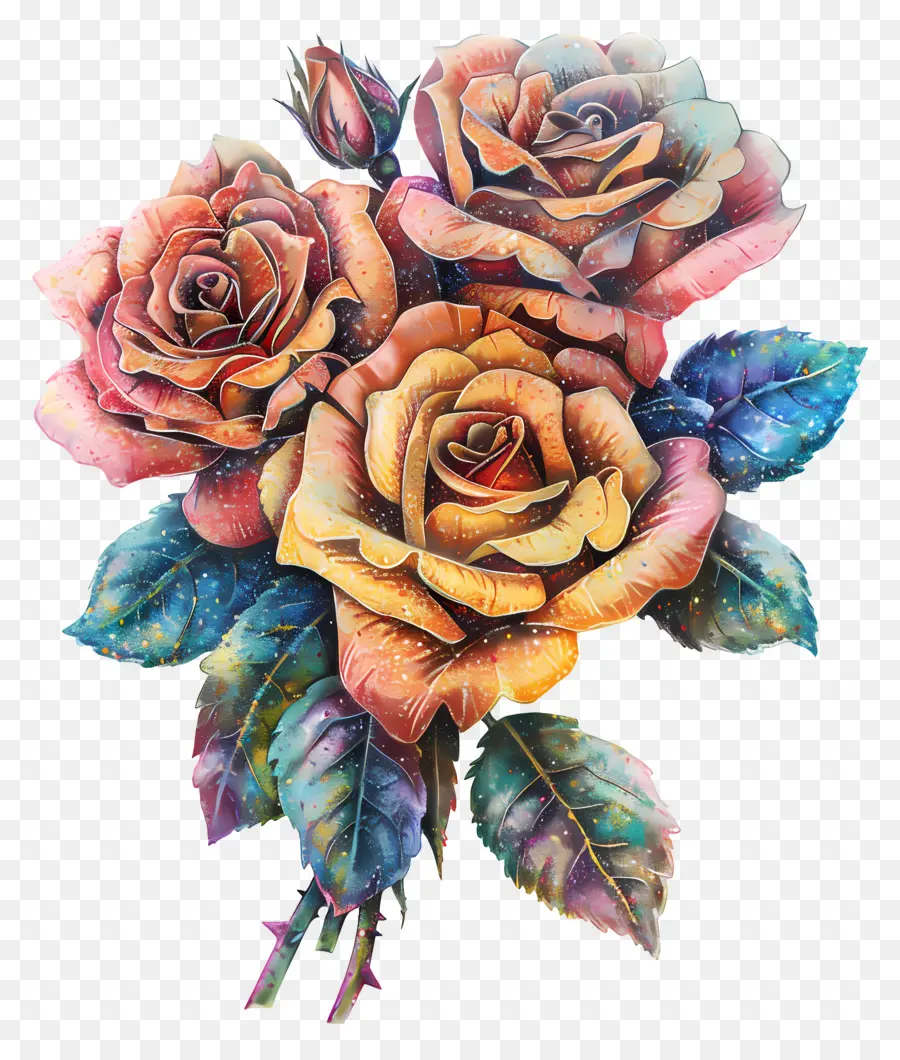 la disposizione dei fiori - Rose colorate su sfondo nero, petali delicati