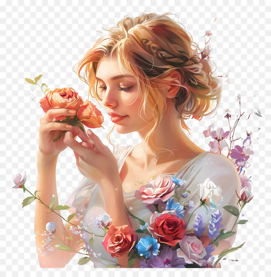 donna fiore donna rose bionda - Giovane donna che tiene bouquet rosa, background lunatico
