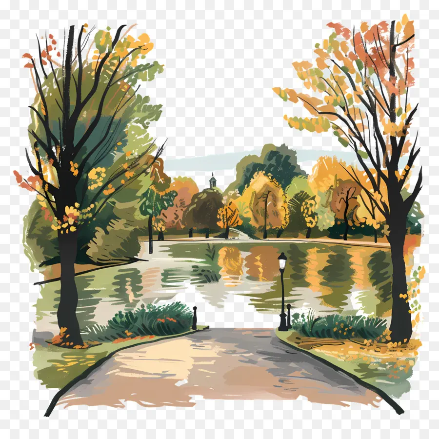 Hyde Park Park Lake asphaltierte Pfadbäume - Herbstpark mit See, Bäumen und Bank