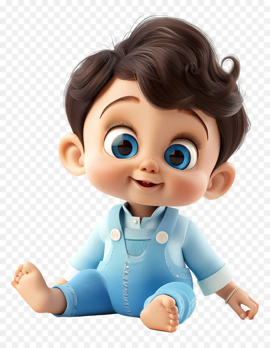 Baby Junge Cartoon kleiner Junge große braune Augen blauer Overall sitzen - Kleiner Junge in Overalls mit neutralem Ausdruck