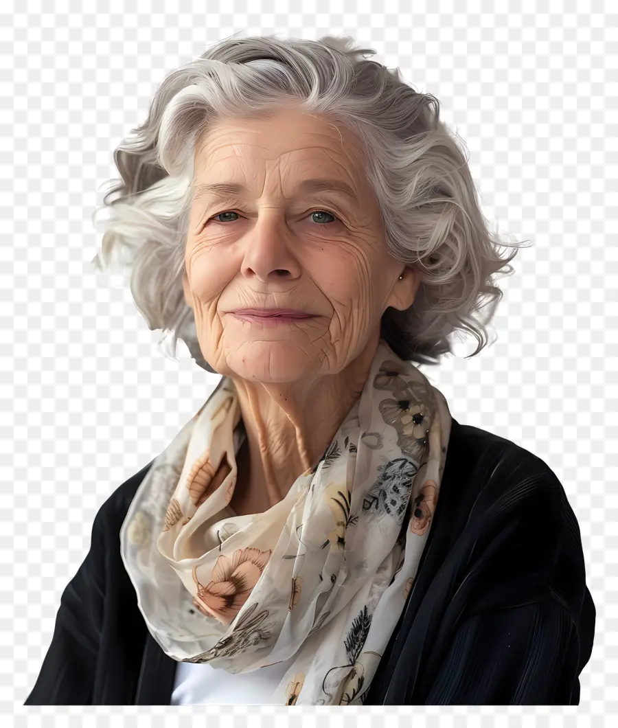 donna anziana anziana sfondo nero cardigan bianca sciarpa - Donna anziana in abito bianco e nero sorridente