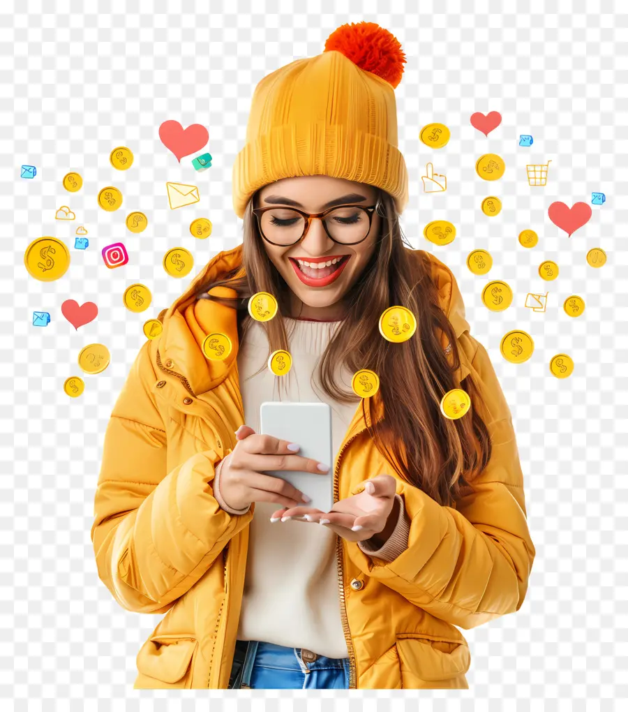 Social Media - Glückliche junge Frau am Telefon mit Symbolen
