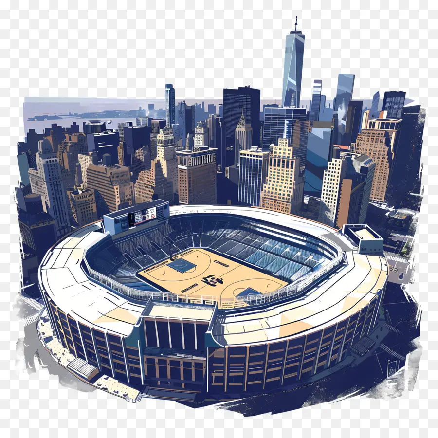 New York City - Basketballstadion in NYC mit Skyline der Stadt sichtbar