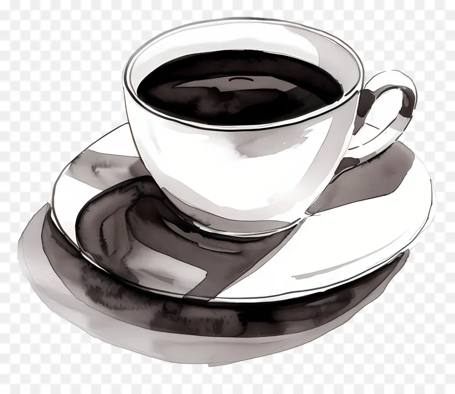 caffè nero - Acquerello monocromatico di tazza di caffè e piattino