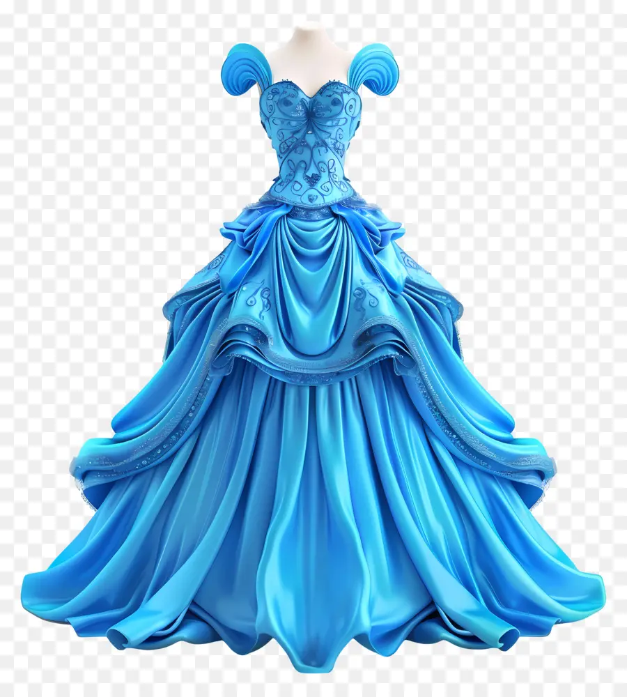 ball gown blue dress high neckline flowing train full skirt
