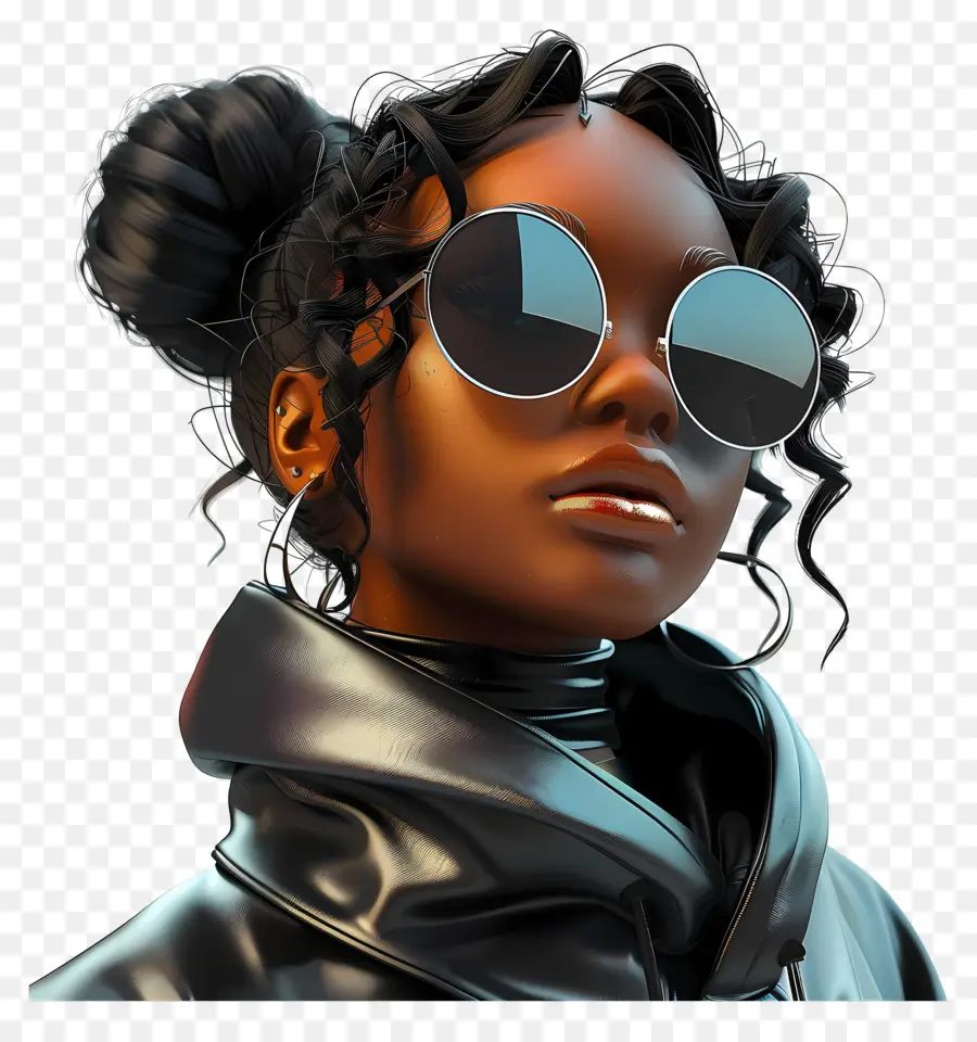Schöne schwarze Mädchen schwarze Frau Sonnenbrille Lederjacke lockiges Haar - Stilvolle schwarze Frau lächelte mit geschlossenen Augen