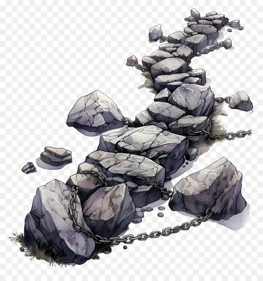 Riprap Rocky Path Large Stones Kettengliederzäune karge Landschaft - Felsweg mit Kettenverbindungszäunen, unfruchtbar