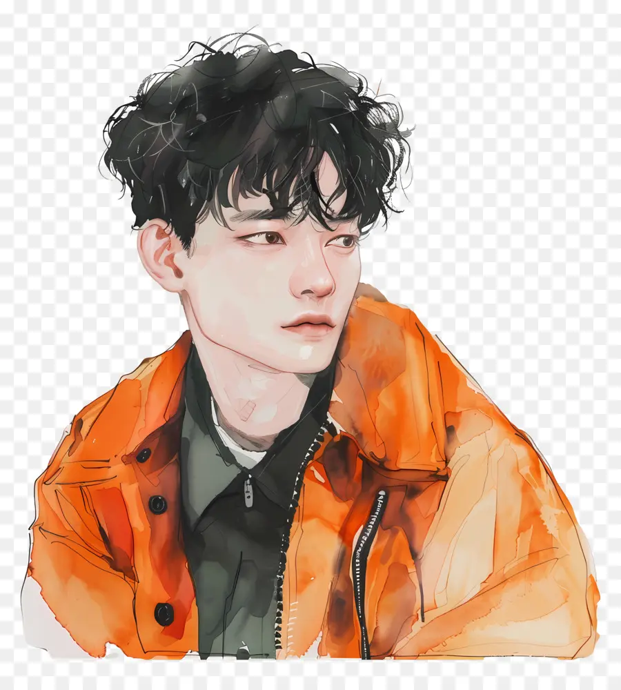 boy painting orange jacket long hair staring