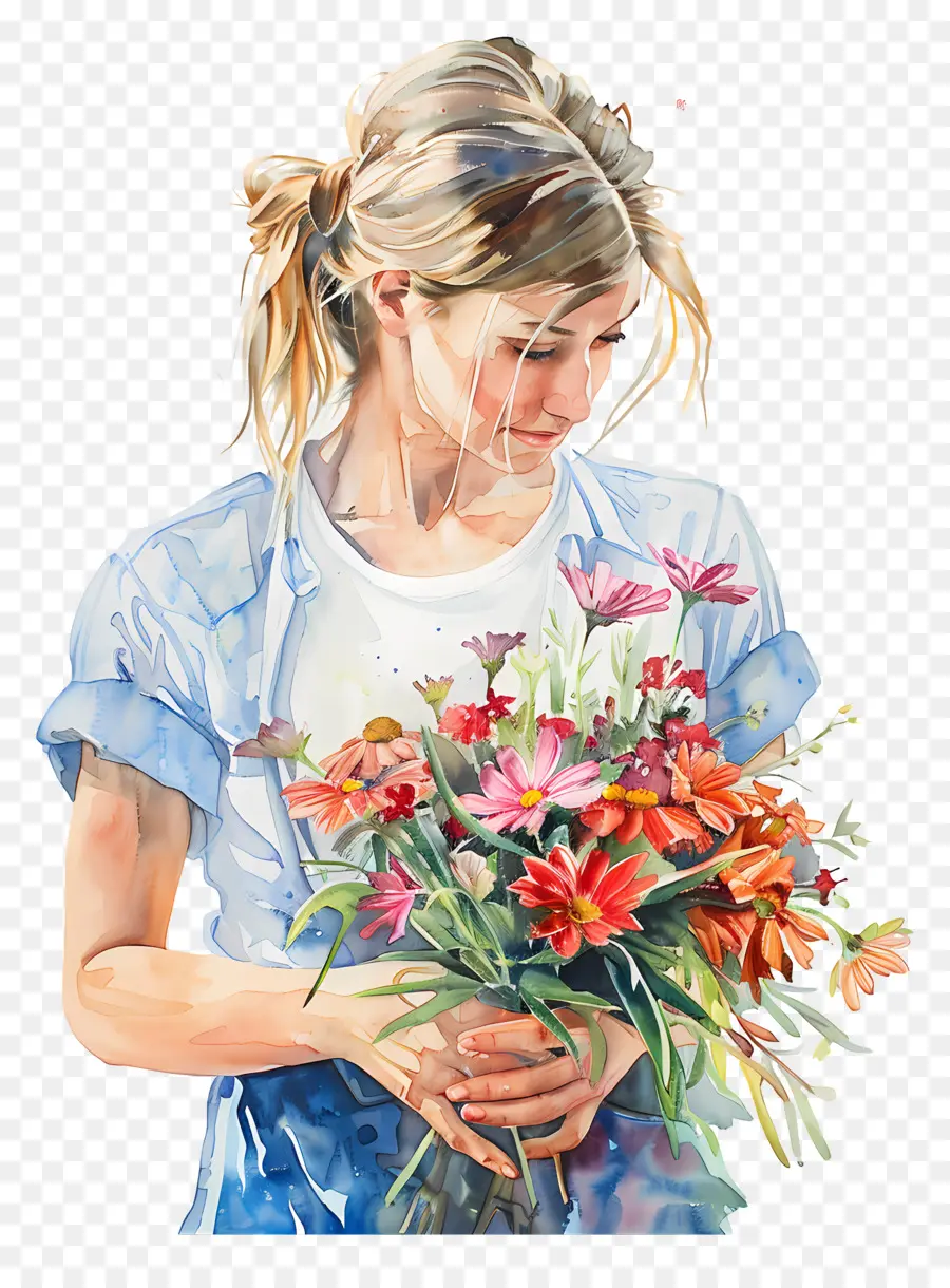 Frau Blumen Frau langes Haar Blaues Hemd - Frau mit Blumen in blauem Hemd- gelassen schön