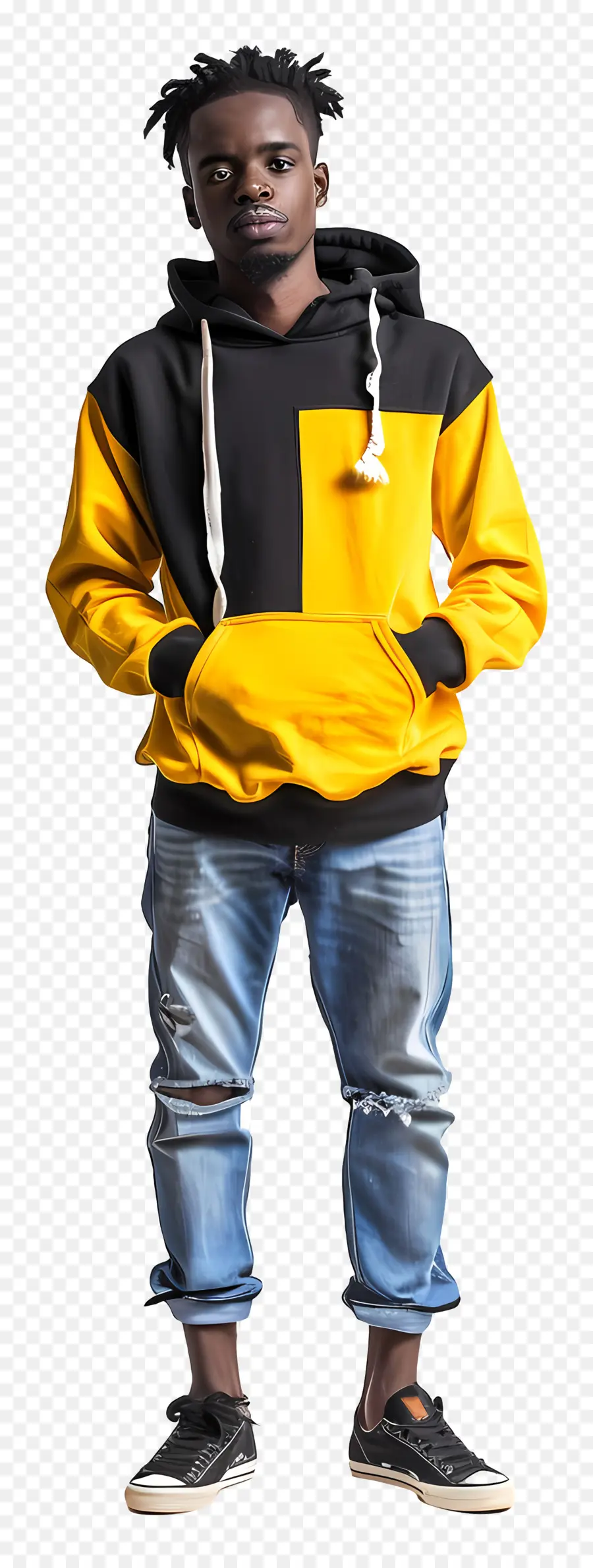 sfondo bianco - Man in cappuccio nero, jeans gialli e blu