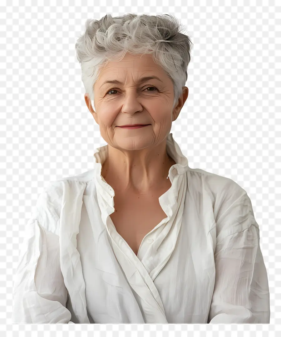 vecchia donna anziana per capelli grigi camicetta bianca sorridente - Donna anziana nella camicetta bianca sorridente con sicurezza