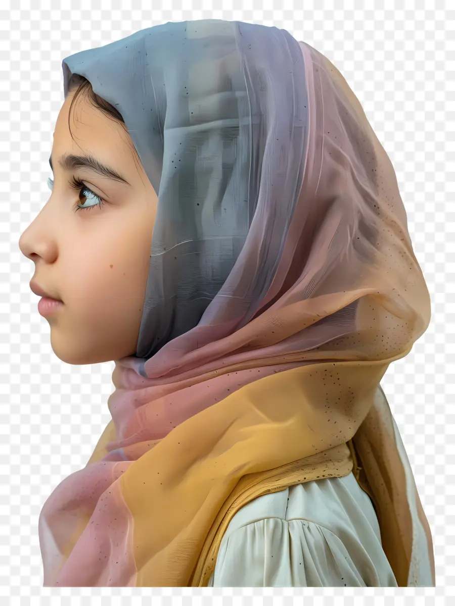Pastelles Hijab Girl Bunte Schal Langes lockiges Haar trauriger Ausdruck - Mädchen im farbenfrohen Kopfschal, trauriger Ausdruck