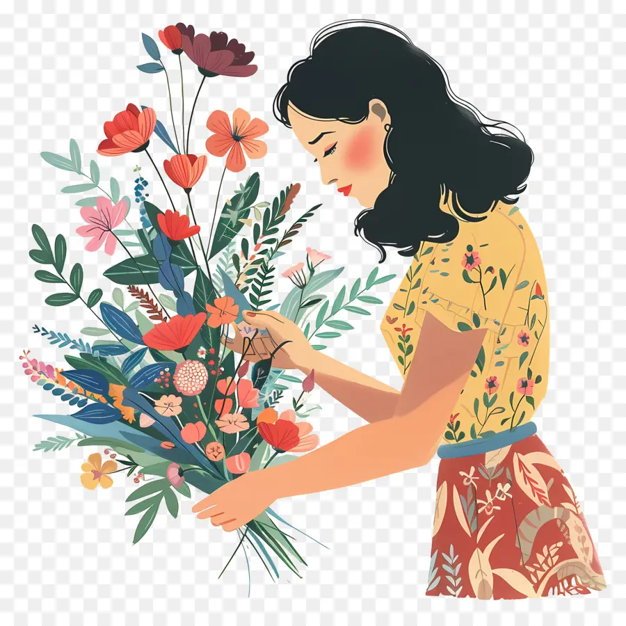 bó hoa - Người phụ nữ hoạt hình ôm bó hoa hoa đầy màu sắc hạnh phúc