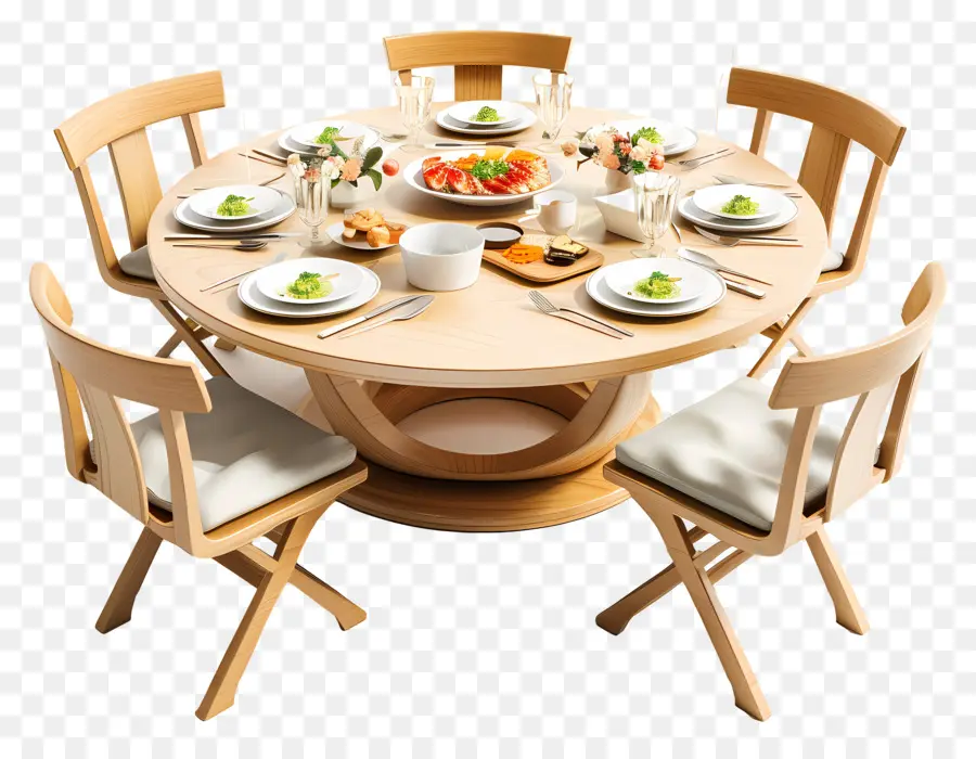 rau xà lách - Bàn ăn tròn với bốn ghế, đĩa thức ăn