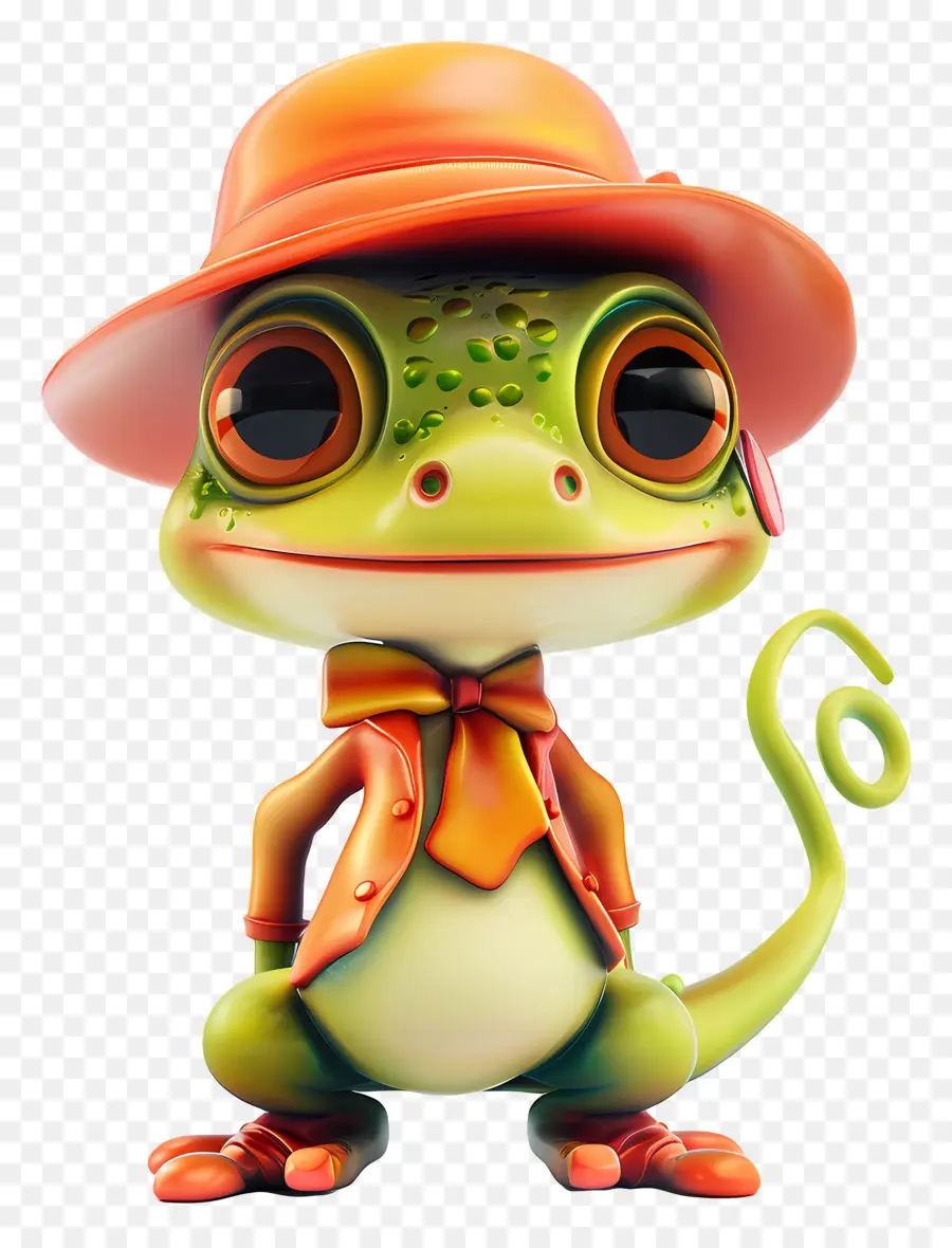 Spielzeugfigur Cartoon Charakter Orange und gelbbrauner Hut rote Krawatte - Cartooncharakter in fröhlicher Kleidung, die auf Abenteuer vorbereitet ist