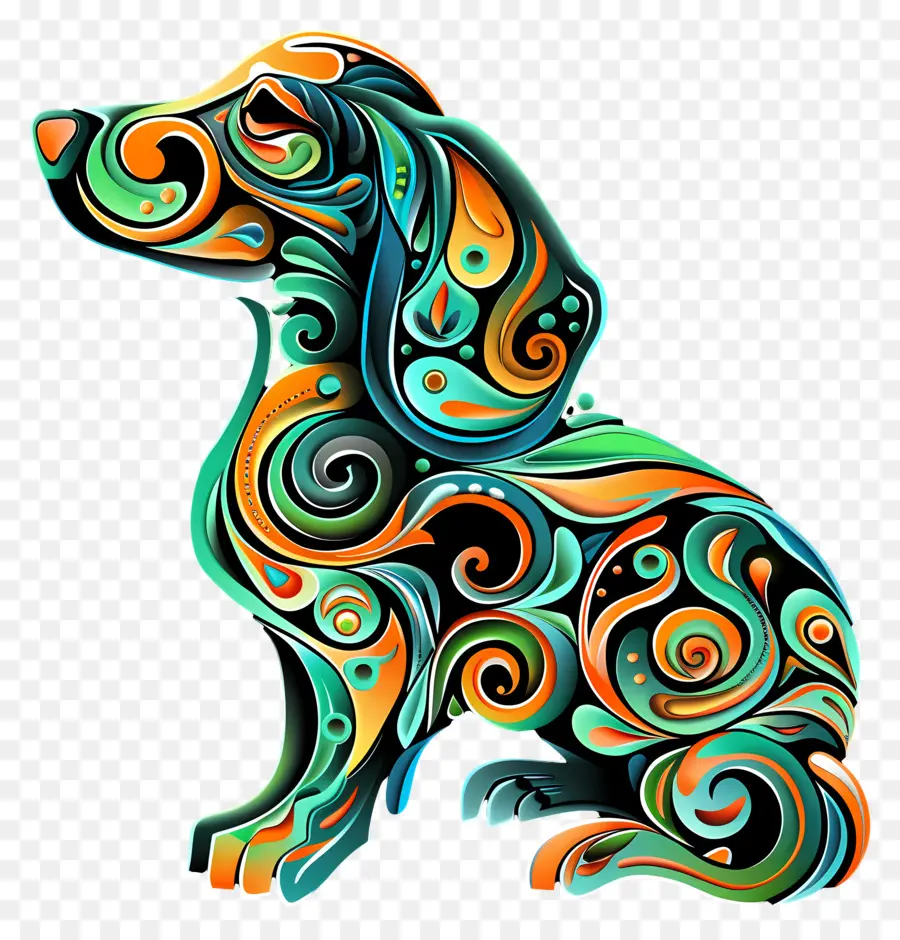 Line Art Dog verziertes kompliziertes Wirbel - Komplizierter Stammeskunsthund auf schwarzem Hintergrund