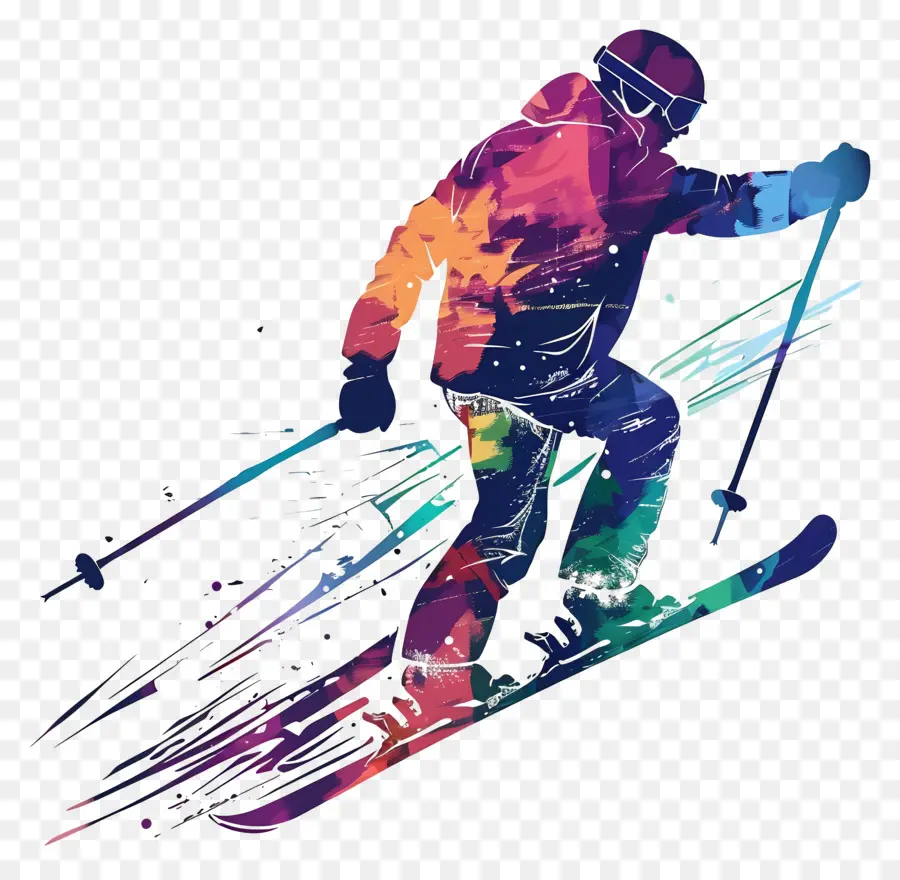 uomo sciistyle da sci Silhouette Skiing Skier Paint Spilars Slope - Scalato colorato che schi lungo il pendio vibrante