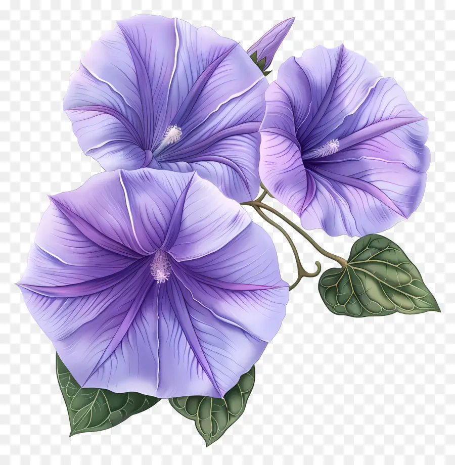 Gloria mattutina viola Morning Gloria fiori petali viola foglie lucide realistiche - Gloria mattutina viola realistica fiori su nero