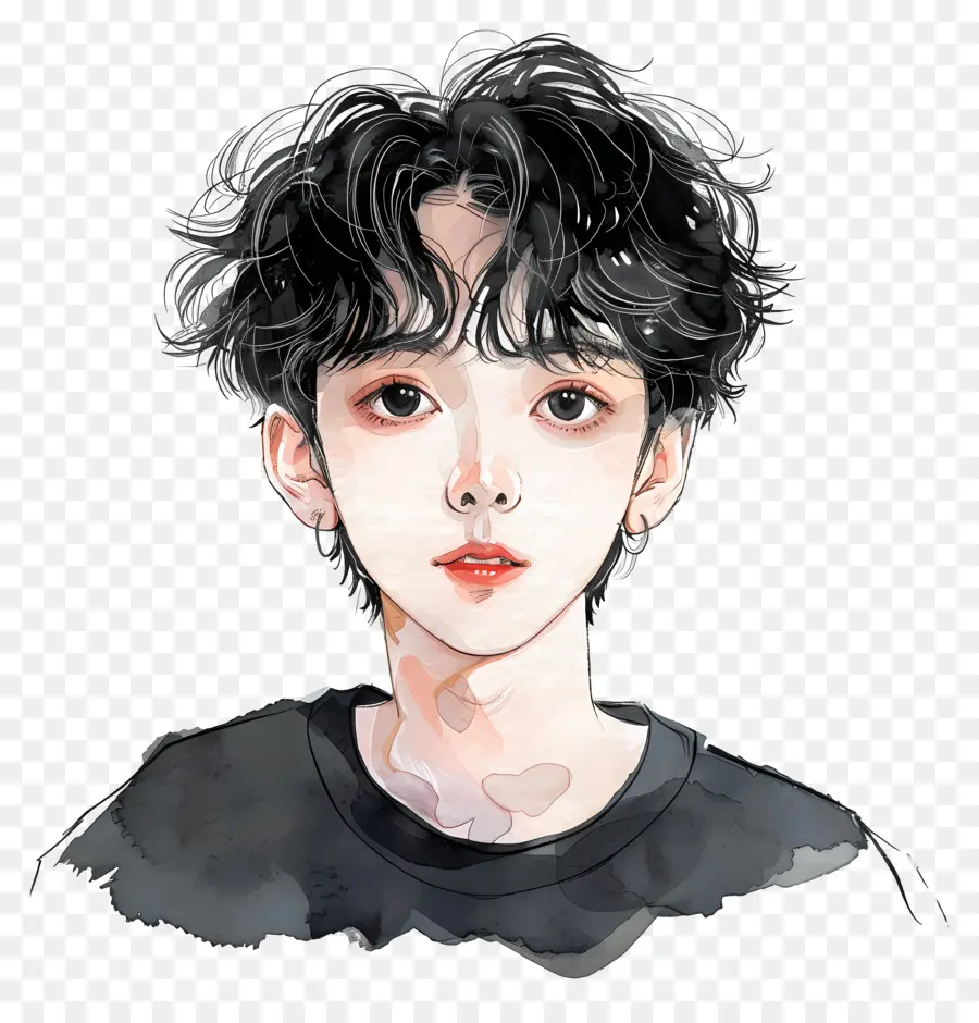 boy watercolor painting man portrait short curly hair black t-shirt