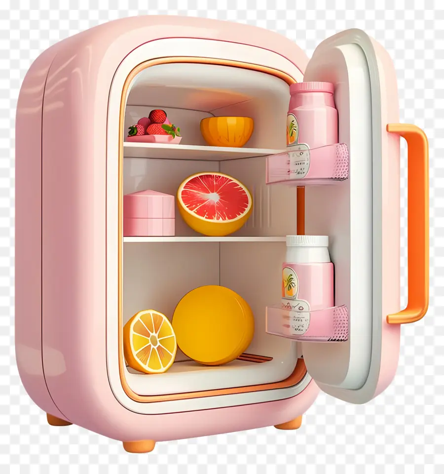mini fridge pink refrigerator glass door food items oranges