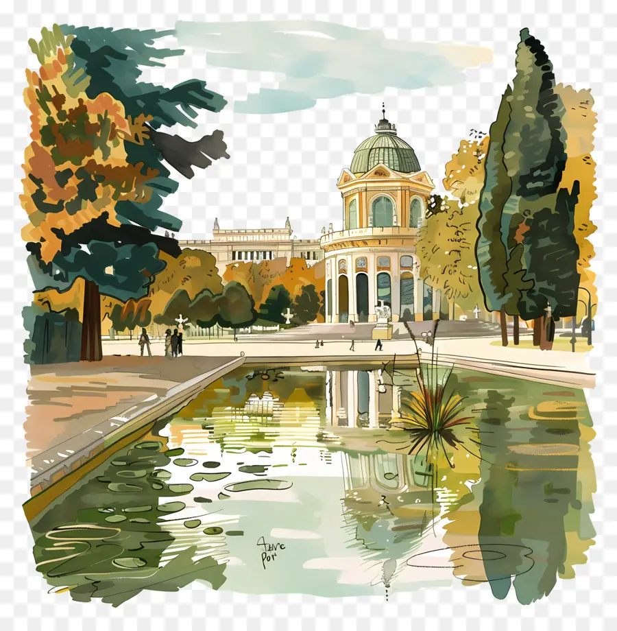 El Retiro Park Watercolor Painting Park Statue - Parcheggiare con fontana, statua, alberi, edifici, persone