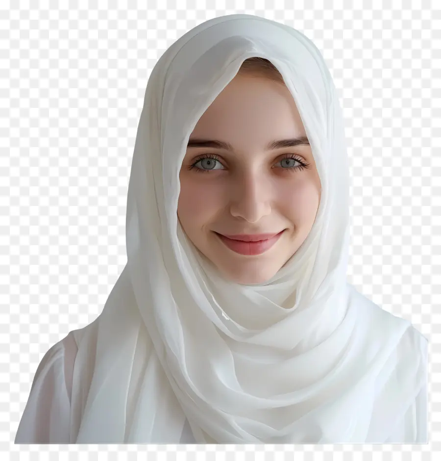 Trùm - Người phụ nữ mỉm cười trong khăn trùm trắng, nền đen