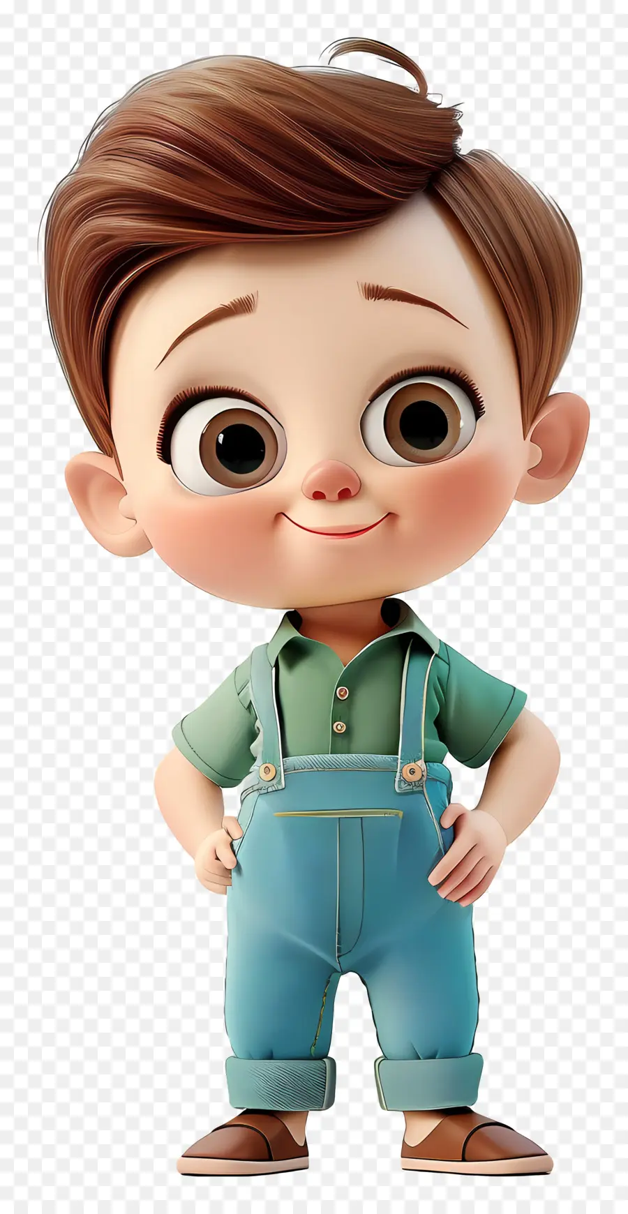 Baby Boy Cartoon Junger Junge braune Augen Denim Overalls weißes T-Shirt - Kleiner Junge im Denim -Overall, ernsthafter Ausdruck