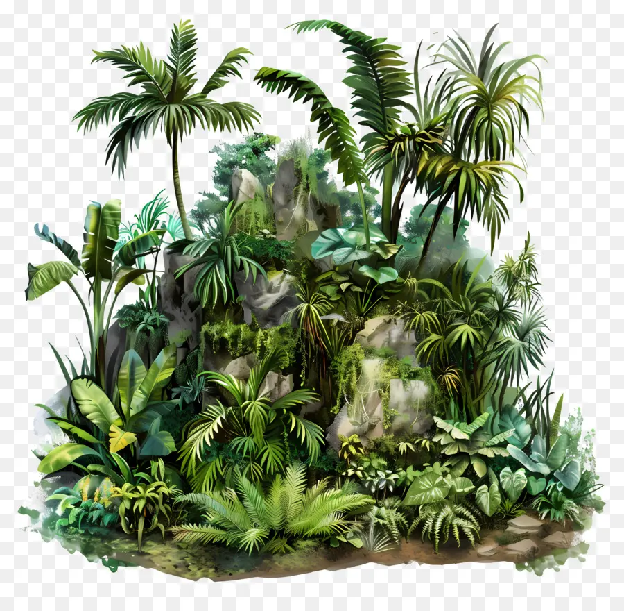 Palmen - Üppiger Dschungel mit Felsen, Palmen, Pflanzen. 
Heiter