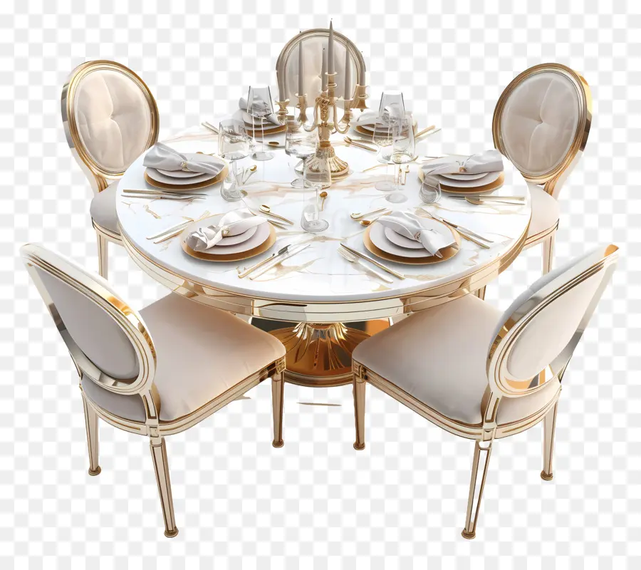 dinner table dining table set marble/granite finish gold trim white leather chairs
