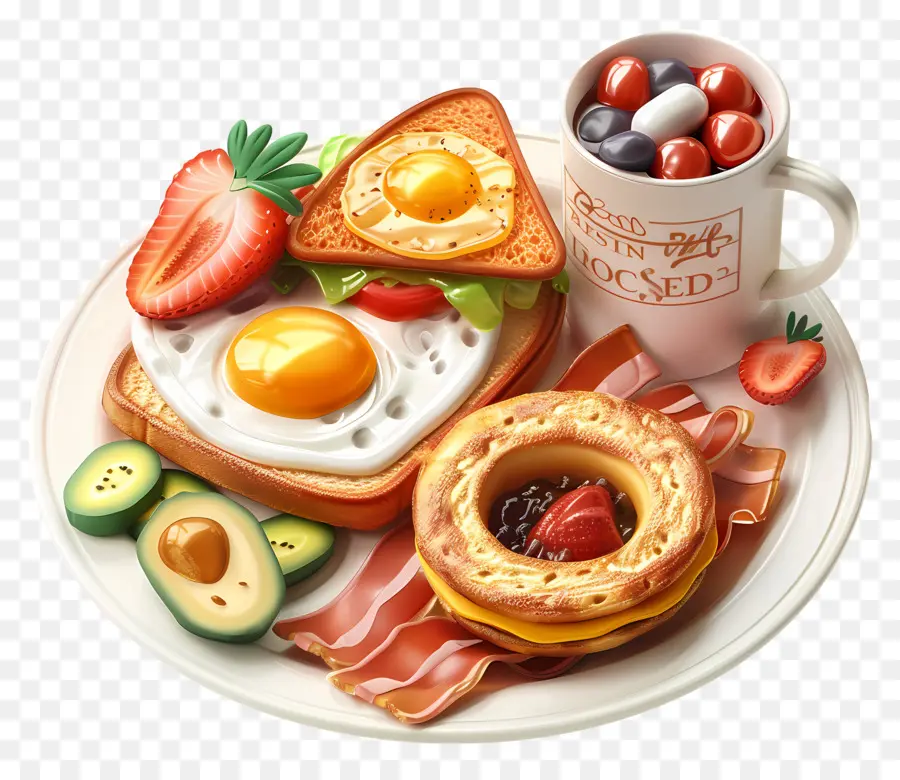 Kaffeebecher - Frühstücksteller mit Eiern, Toast, Saft, Kaffee