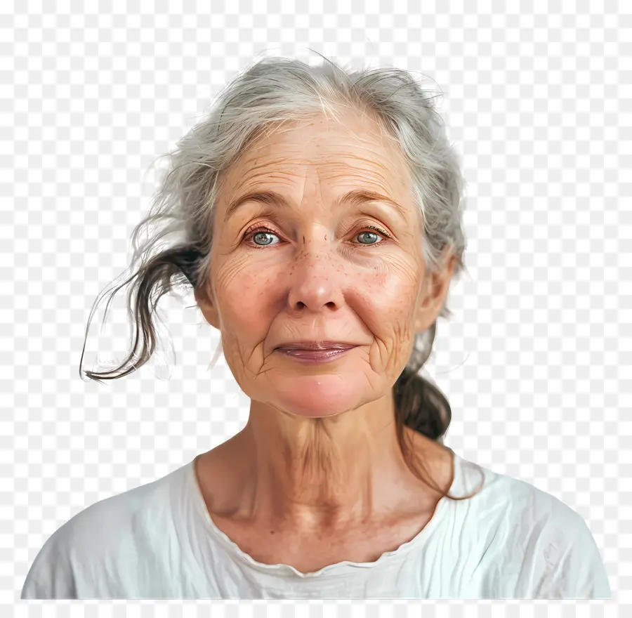 old woman middle aged woman gray hair stern look white shirt
