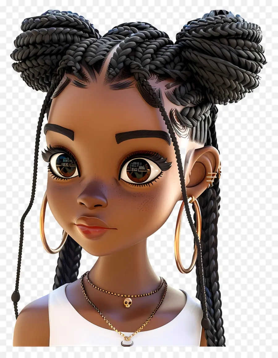 Black Girl Hairstyles Treids Black Woman Capelli lunghi Orecchini a cerchio di cavallo alto - Rendering 3d di donna nera in jeans