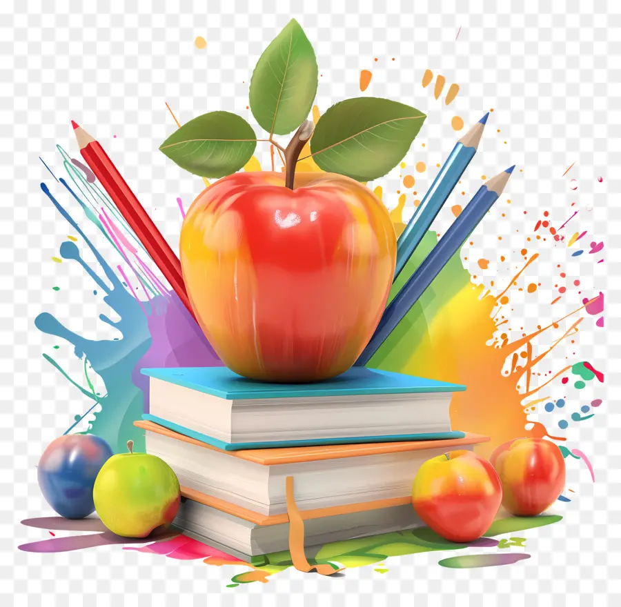 Giáo viên đánh giá cao ngày giáo dục sách sáng tạo sách táo - Căn đống đầy màu sắc, có chủ đề nghệ thuật với táo và sách